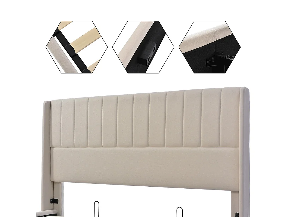 Lit double hydraulique - 160 x 200 cm - beige - Linge de maison - avec cadre à lames et rangement