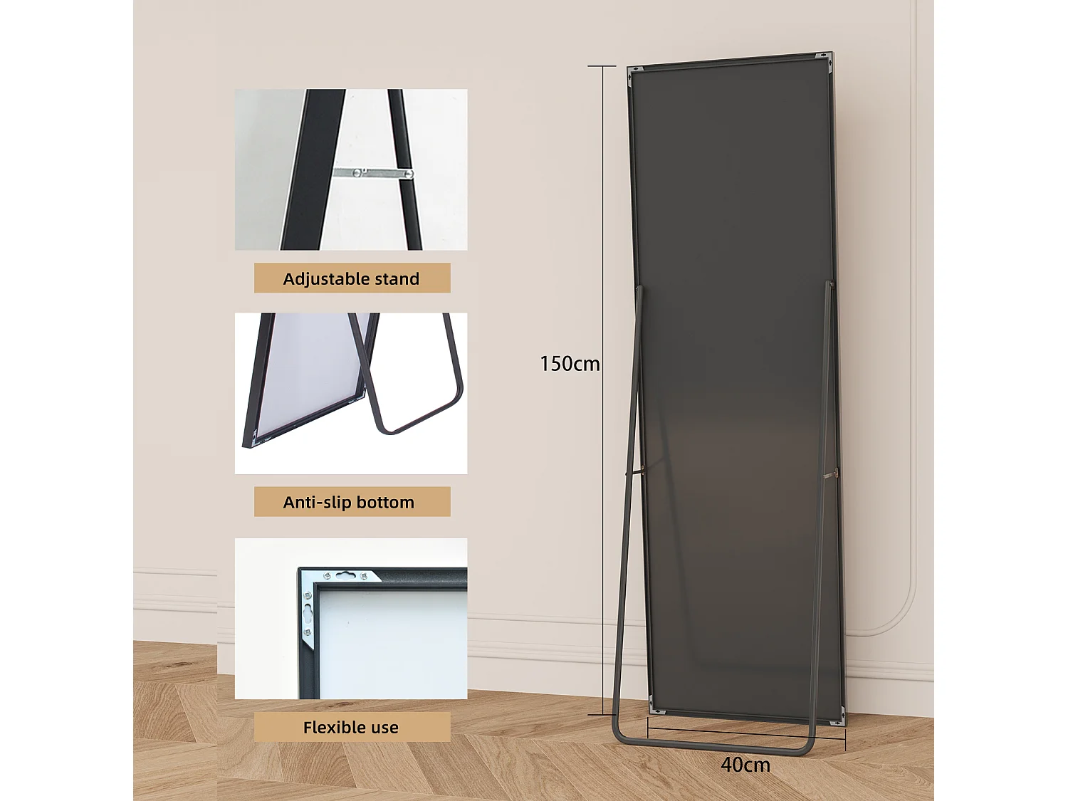 150 x 40 cm Grand miroir au sol - Miroir debout en verre trempé avec cadre en alliage d'aluminium noir - debout ou accroché