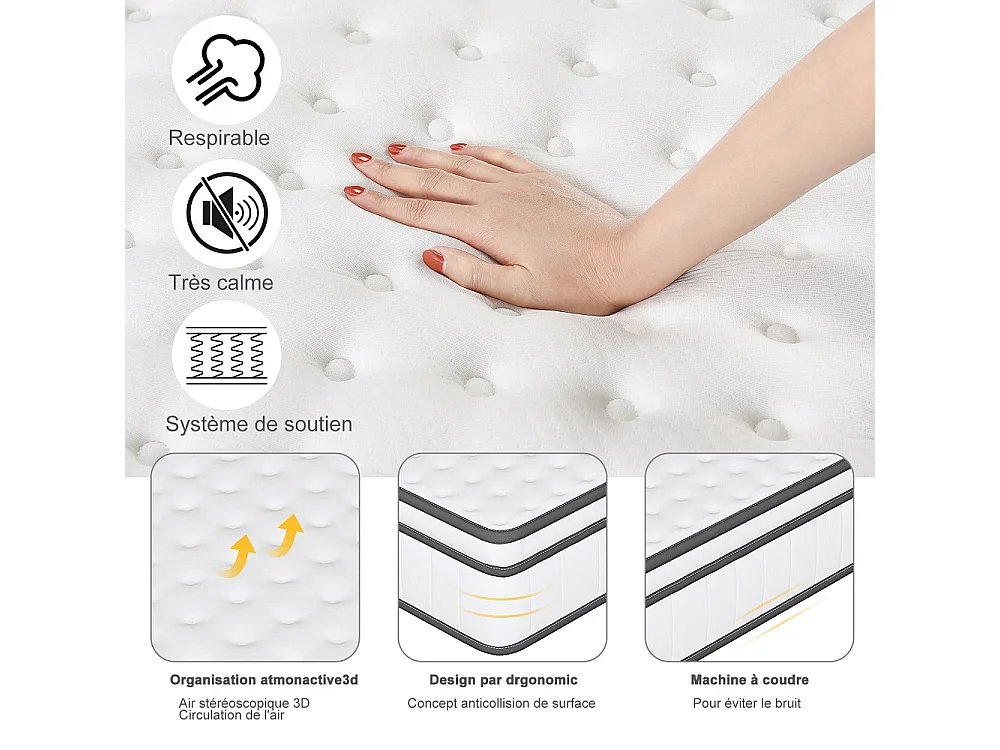 90 x 200 x 25 cm Matras de ressort - Matras hybride de couverture en tissu tricoté respirant d'épaisseur de 25 cm