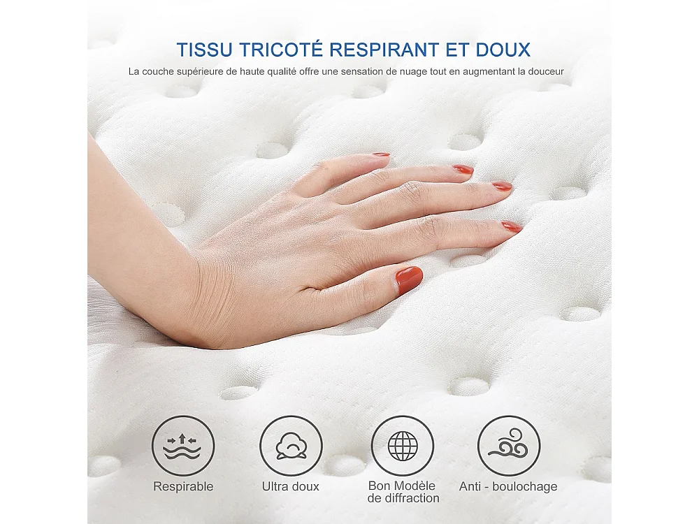 140 x 190 x 25 cm Matras de ressort - Matras hybride de couverture en tissu tricoté respirant d'épaisseur de 25 cm