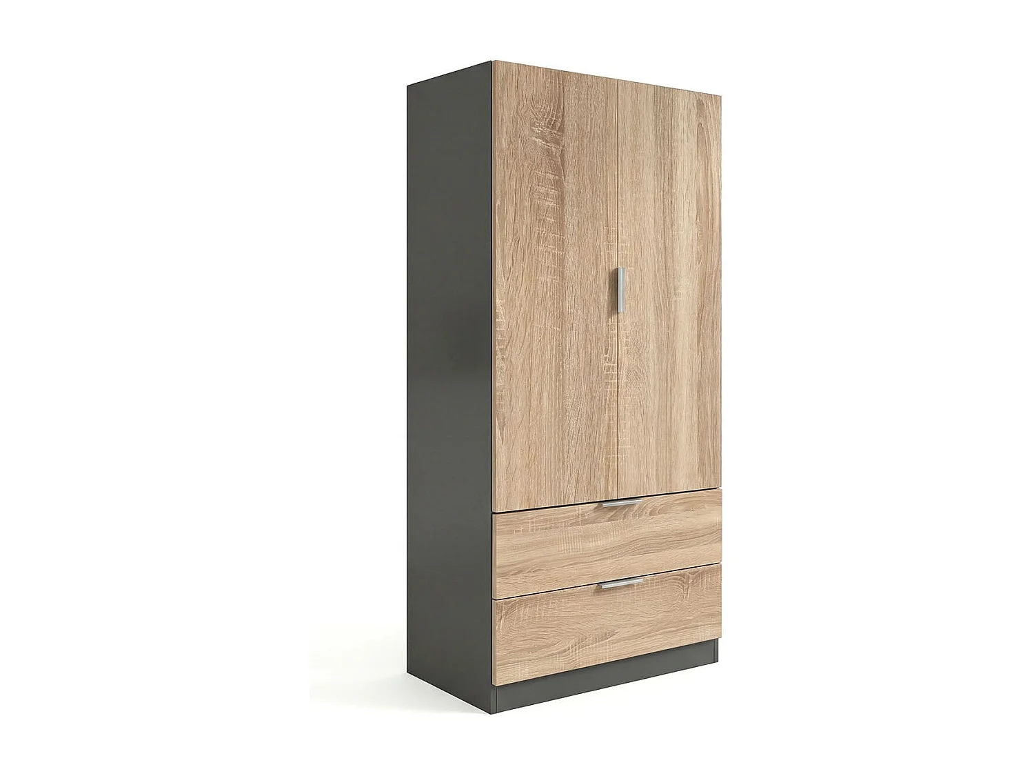 Armario de 2 puertas y 2 cajones en gris grafito y roble canadian 81,5x180 cm Lark Gris Grafito - Roble Canadian
