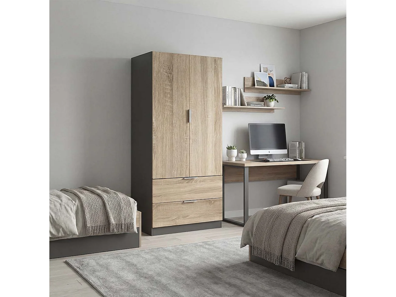 Armario de 2 puertas y 2 cajones en gris grafito y roble canadian 81,5x180 cm Lark Gris Grafito - Roble Canadian