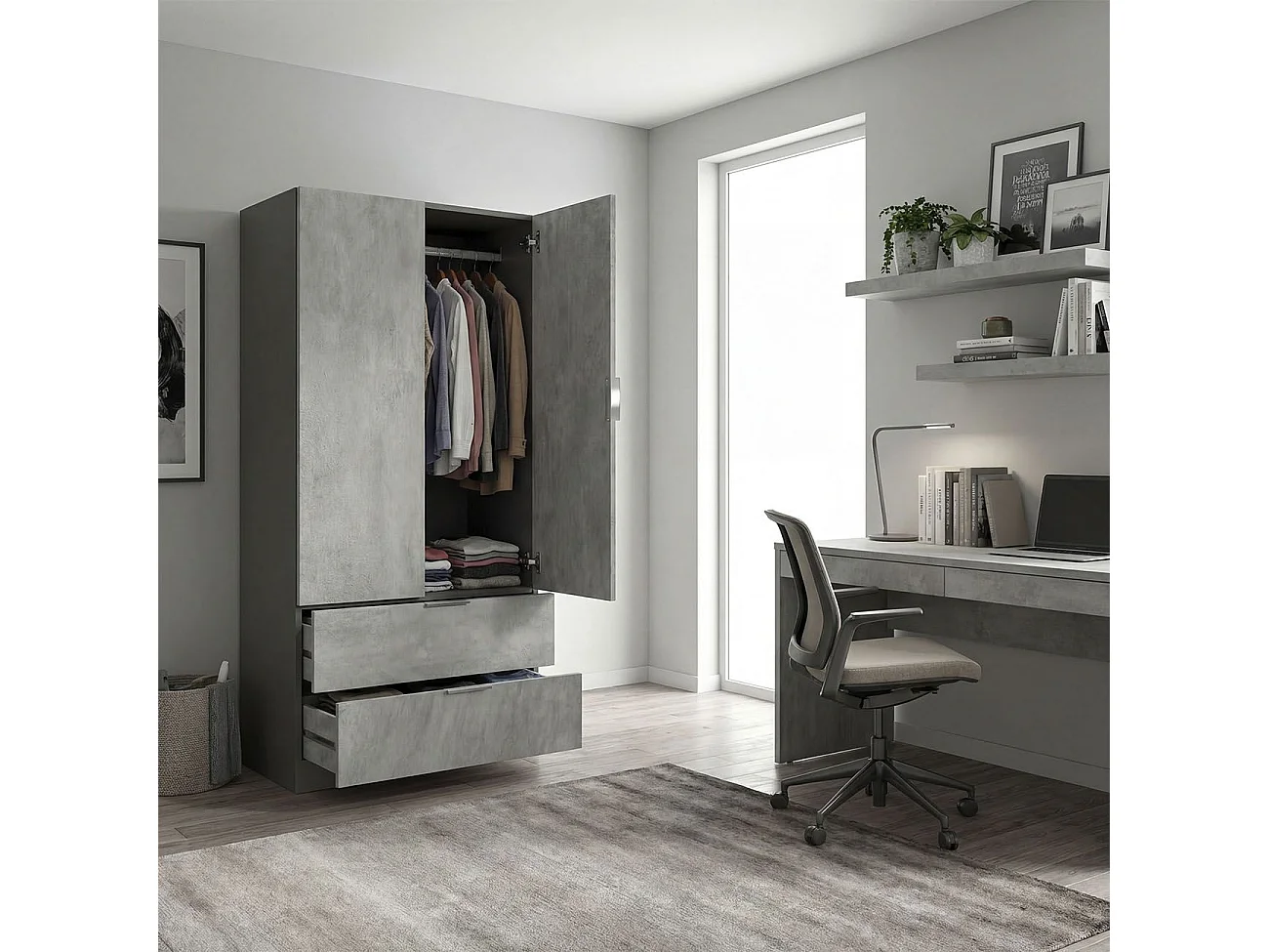 Roupeiro Lark 2 portas 2 gavetas Gris Grafito - Gris Cemento