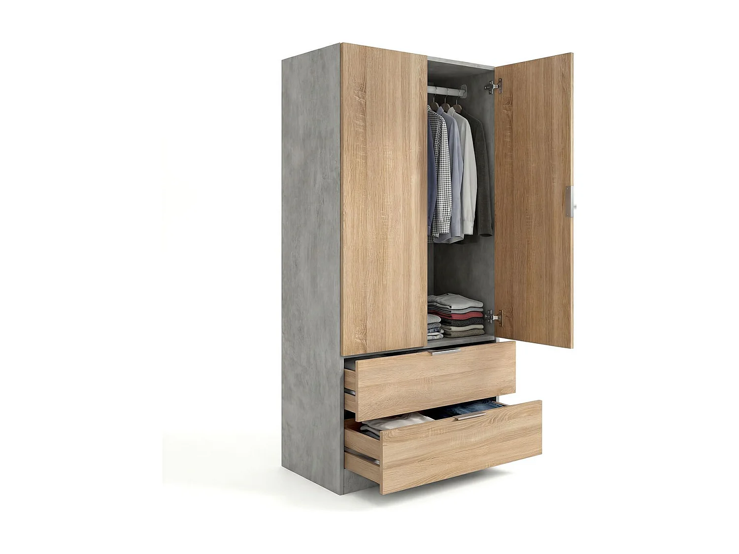 Armario de 2 puertas y 2 cajones en gris cemento y roble canadian 81,5x180 cm Lark Gris Cemento - Roble Canadian
