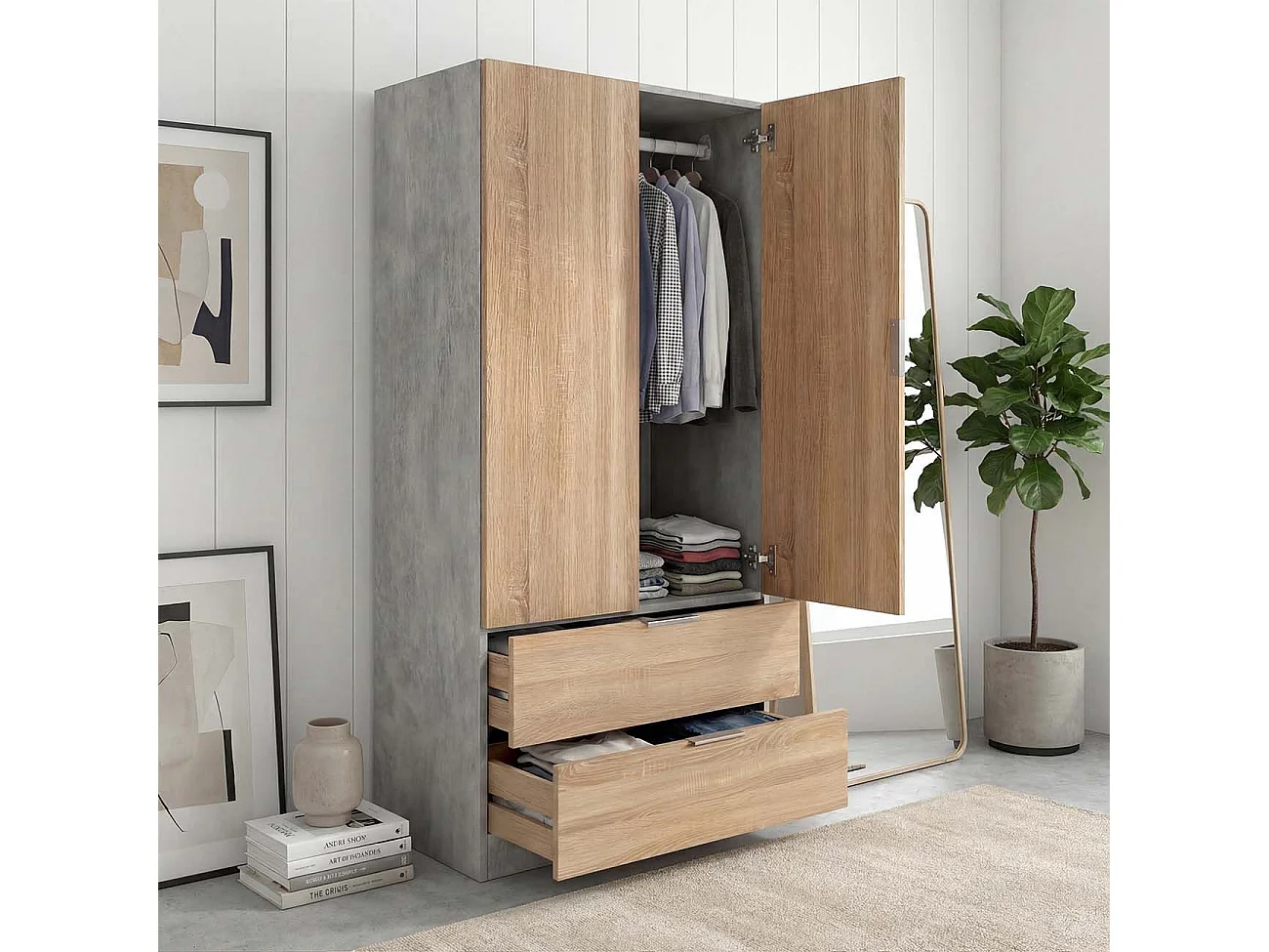 Armario de 2 puertas y 2 cajones en gris cemento y roble canadian 81,5x180 cm Lark Gris Cemento - Roble Canadian