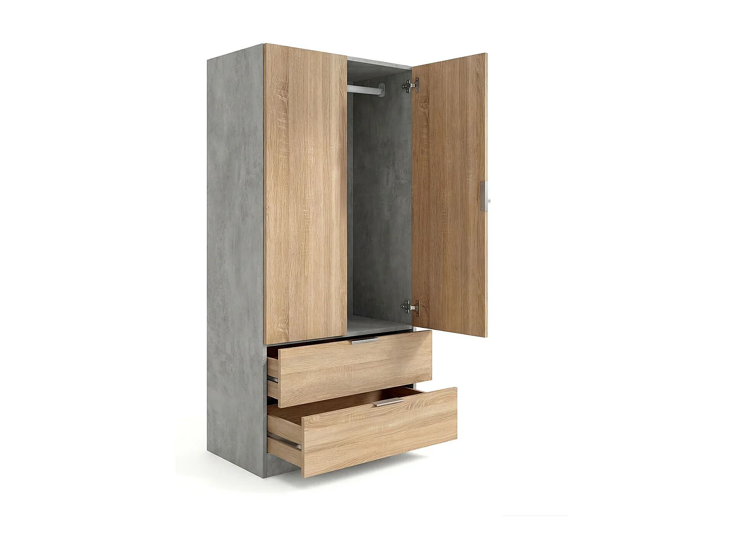 Armario de 2 puertas y 2 cajones en gris cemento y roble canadian 81,5x180 cm Lark Gris Cemento - Roble Canadian