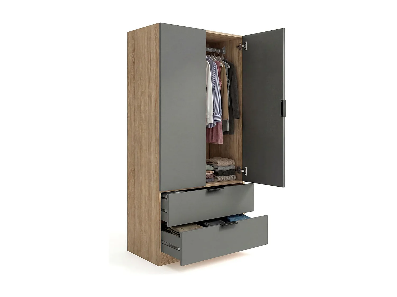 Roupeiro Lark 2 portas 2 gavetas Roble Canadian - Grafito