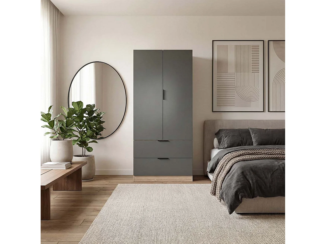 Roupeiro Lark 2 portas 2 gavetas Roble Canadian - Grafito