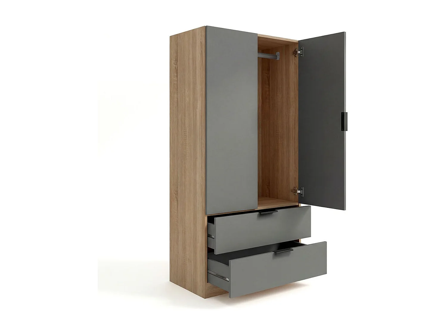 Roupeiro Lark 2 portas 2 gavetas Roble Canadian - Grafito