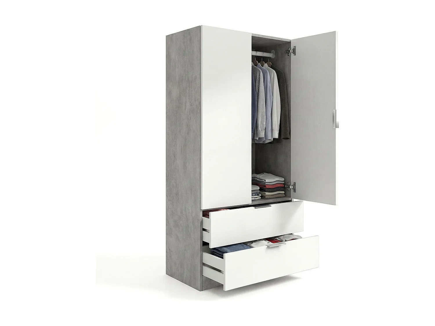 Roupeiro Lark 2 portas 2 gavetas Cinzento cimento - Branco mate