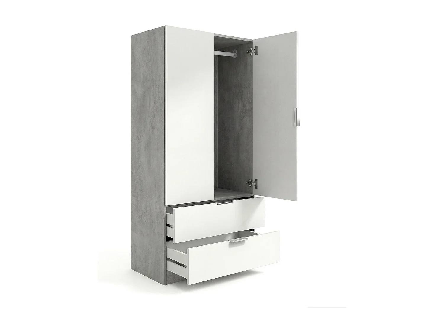 Roupeiro Lark 2 portas 2 gavetas Cinzento cimento - Branco mate