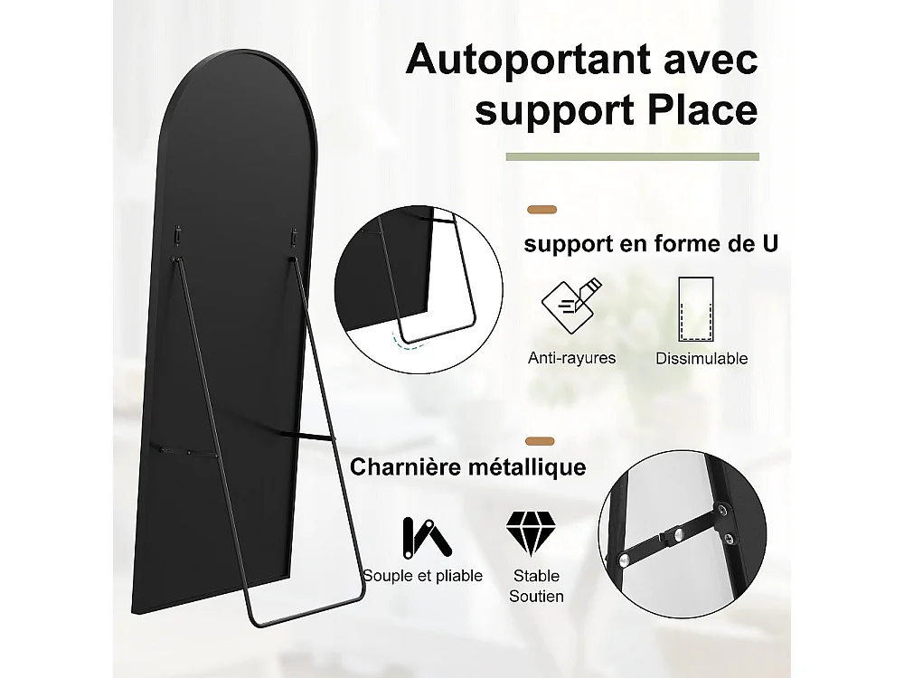 Miroir à corps complet - 164 x 54 cm Miroir décoratif courbé - Cadre en alliage d'aluminium Verre trempé - Noir - Monté au mur et au sol