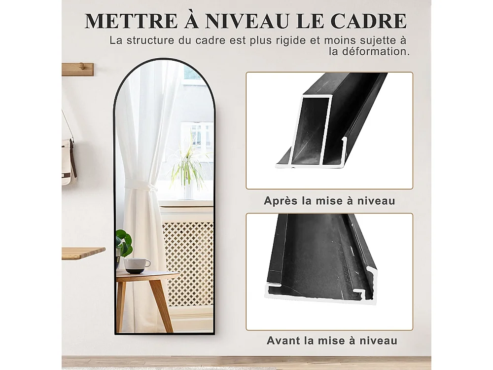 Miroir à corps complet - 164 x 54 cm Miroir décoratif courbé - Cadre en alliage d'aluminium Verre trempé - Noir - Monté au mur et au sol