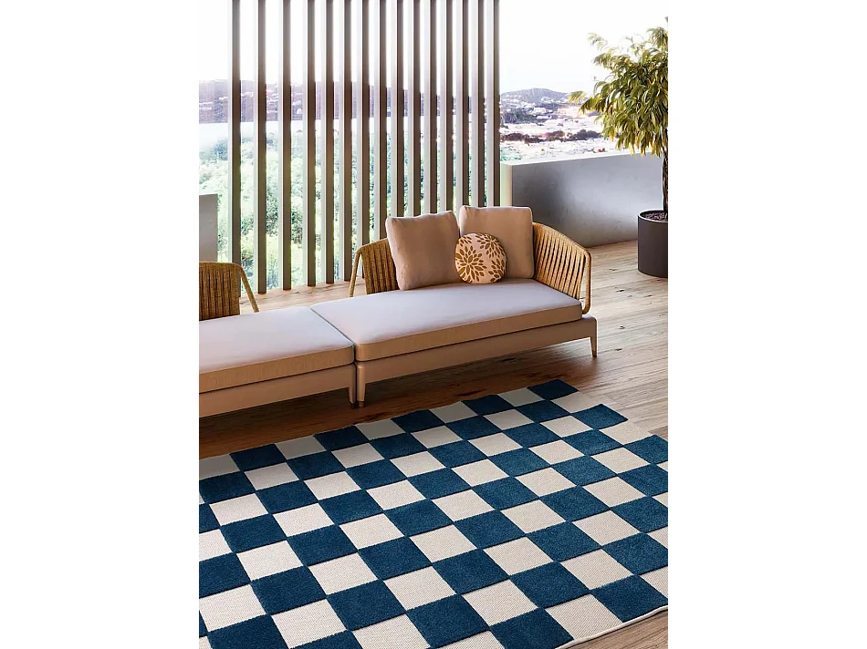 Buitentapijt - geometrisch met reliëf - blauwblauw / wit - 160x230 cm - CUADROS