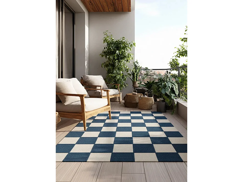 Buitentapijt - geometrisch met reliëf - blauwblauw / wit - 160x230 cm - CUADROS