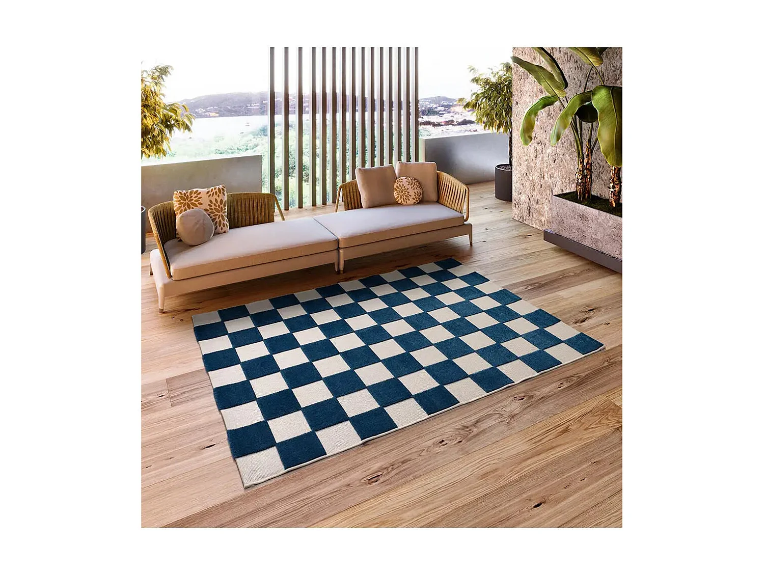 Buitentapijt - geometrisch met reliëf - blauwblauw / wit - 160x230 cm - CUADROS