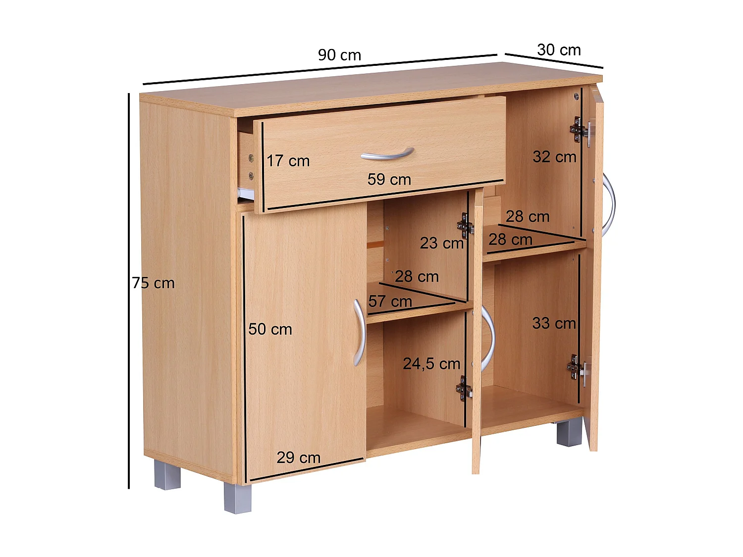 Sideboard SETE Buche mit 1 Schublade & 3 Türen 90 x 75 x