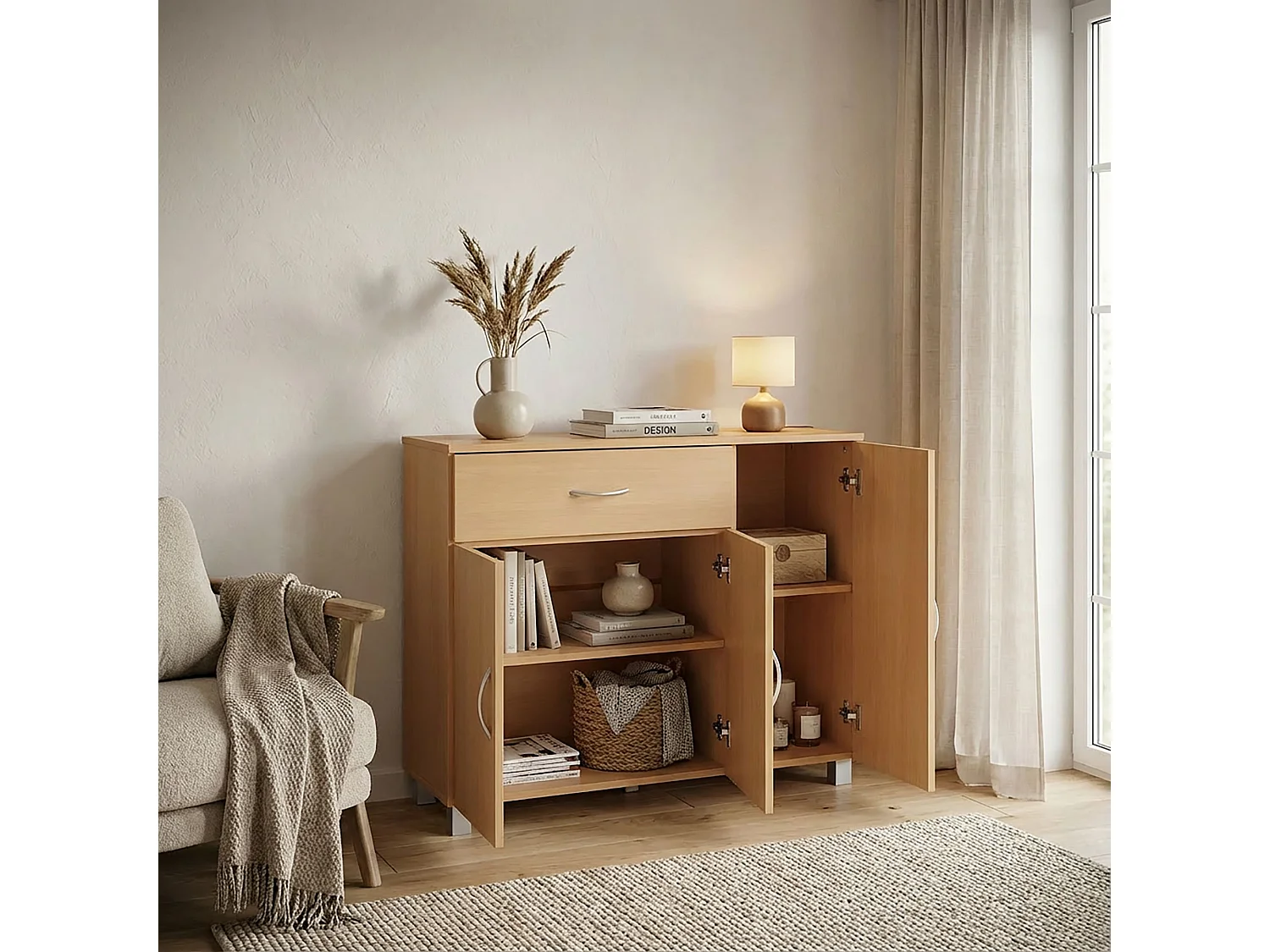 Sideboard SETE Buche mit 1 Schublade & 3 Türen 90 x 75 x