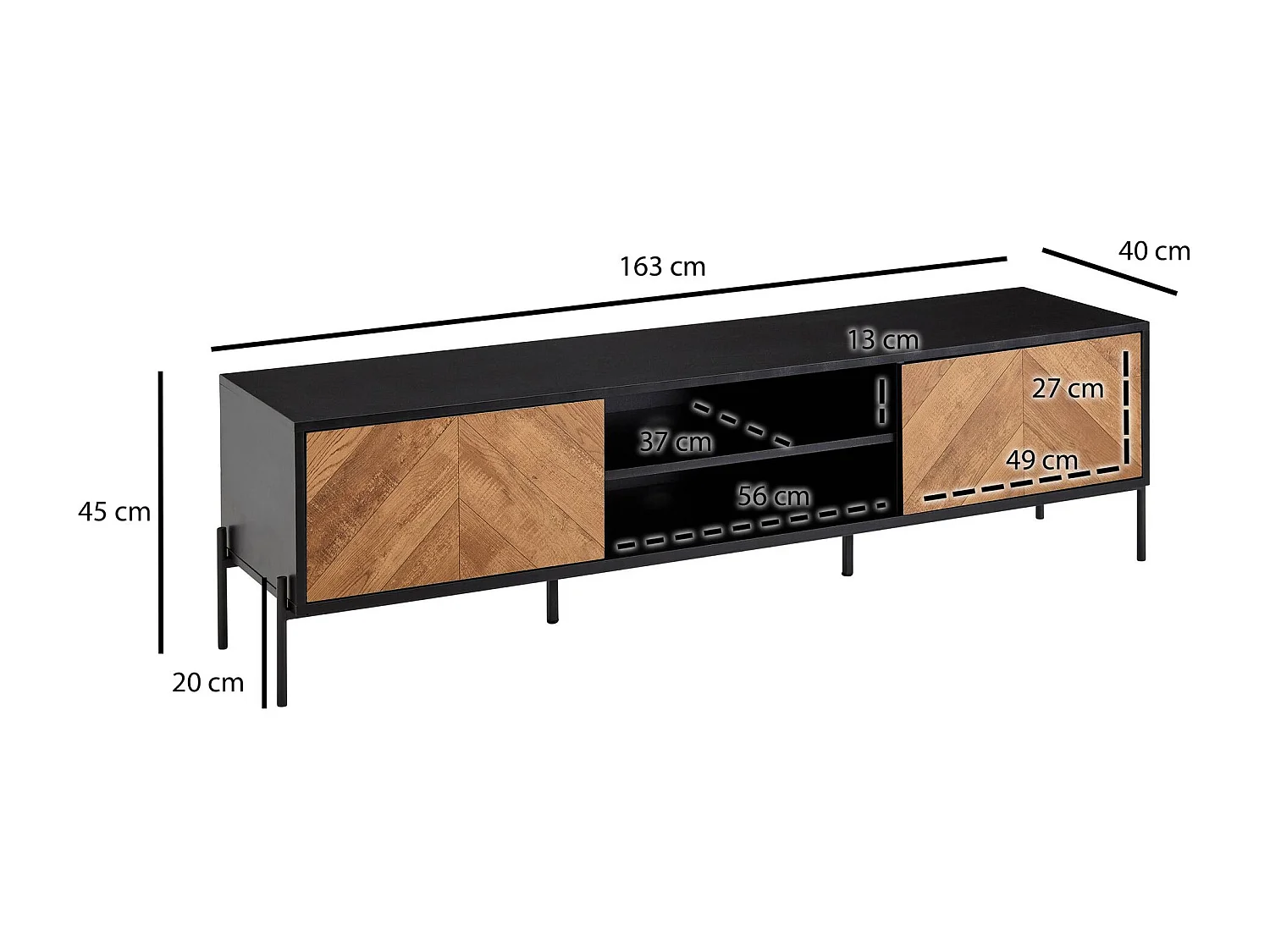 Meuble TV Bois Décor Chêne et Noir 163x45x40 cm Lowboard