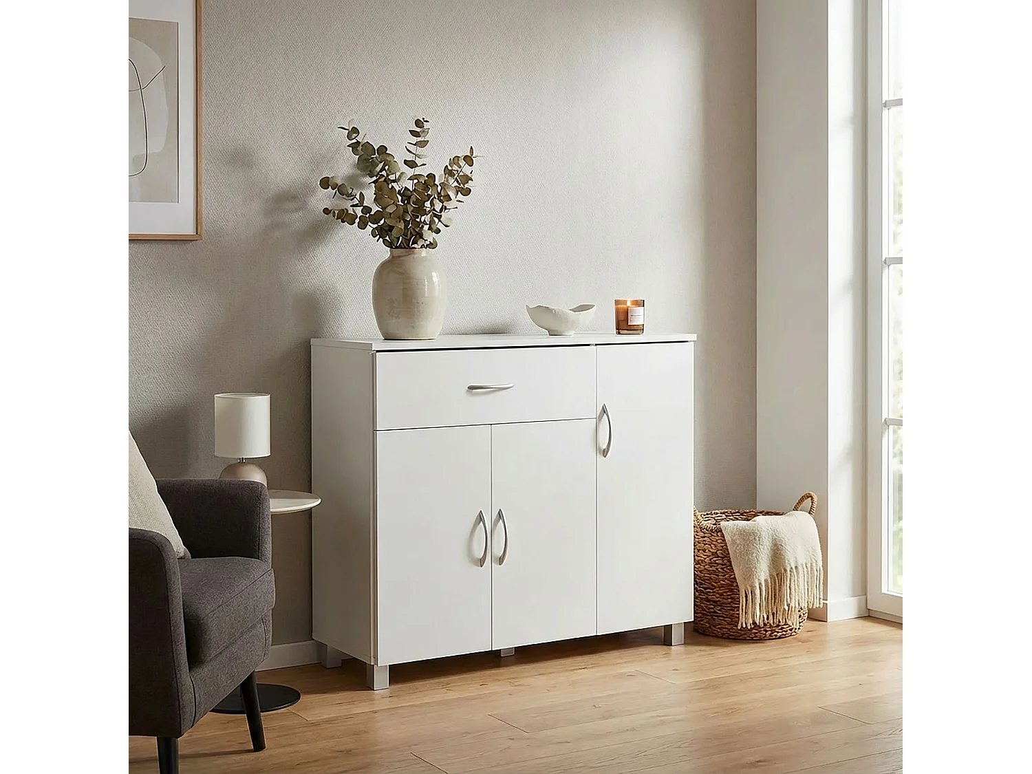 Buffet JARRY blanc mat avec 1 tiroir et 3 portes 90 x 75