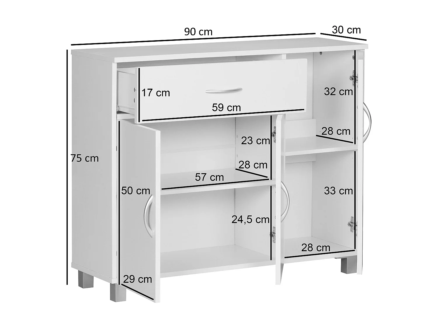Buffet JARRY blanc mat avec 1 tiroir et 3 portes 90 x 75