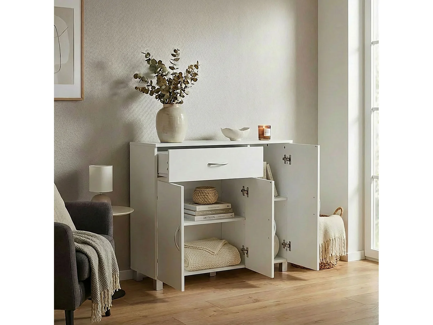 Buffet JARRY blanc mat avec 1 tiroir et 3 portes 90 x 75