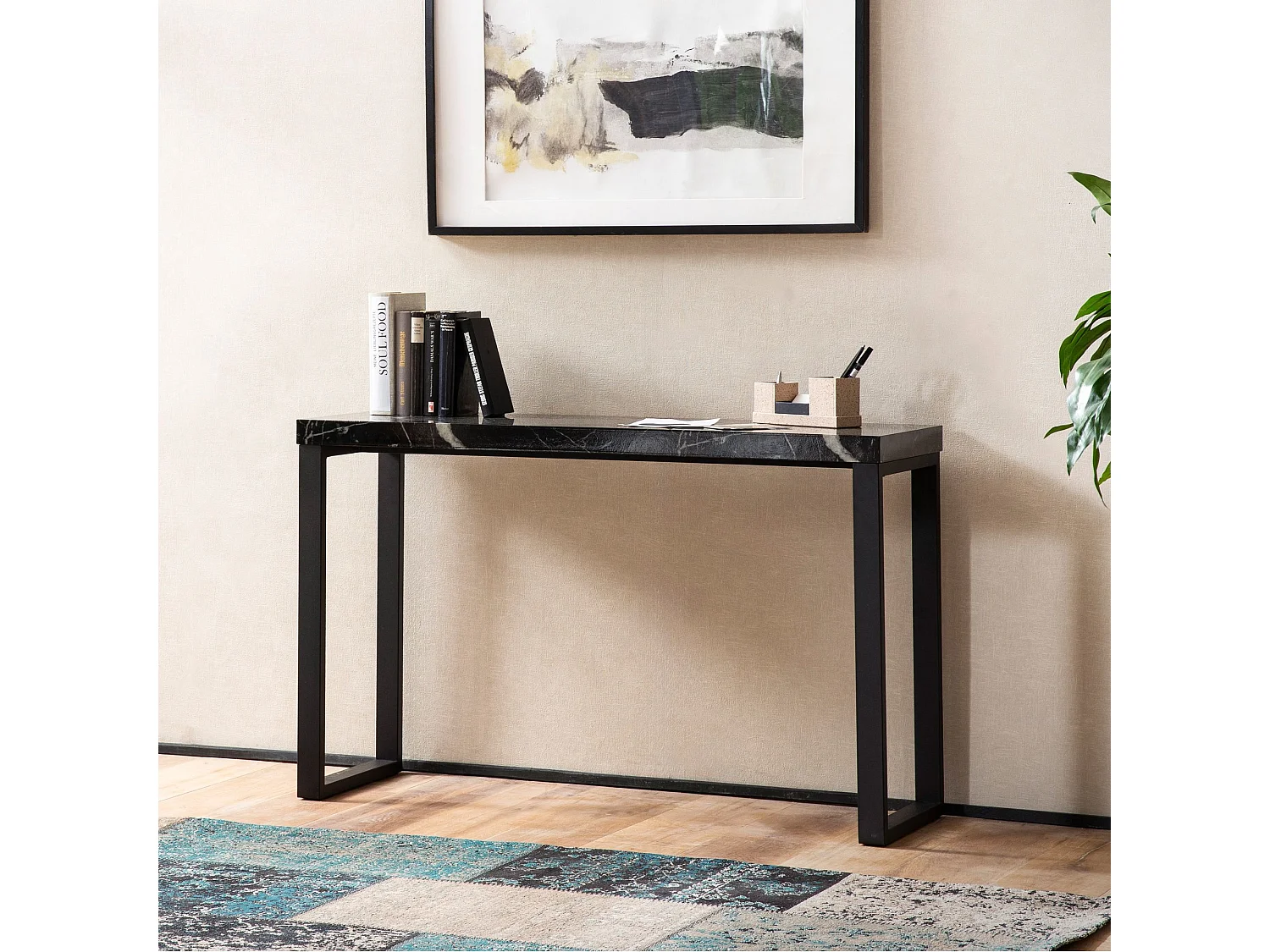 Table Console Entrée Aspect Marbre Noir Brillant