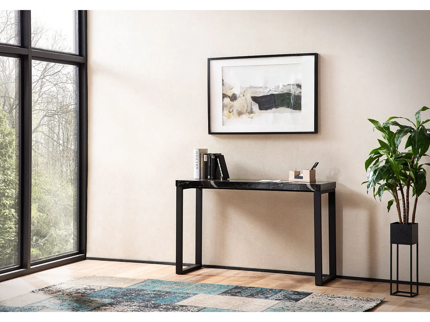 Table Console Entrée Aspect Marbre Noir Brillant