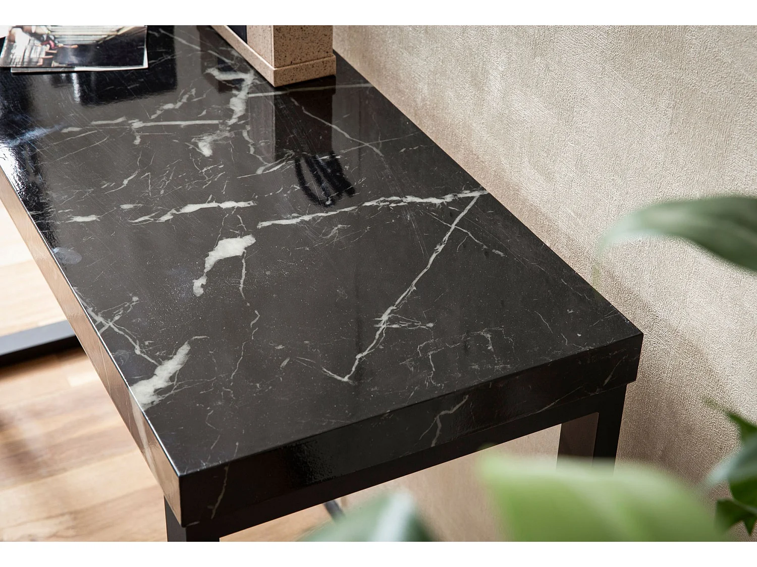 Table Console Entrée Aspect Marbre Noir Brillant