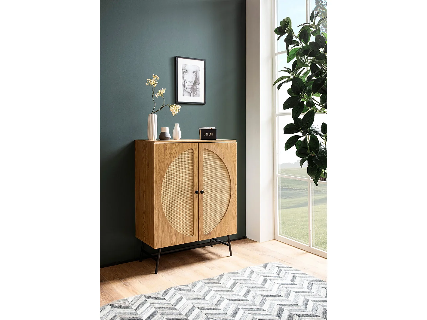 Buffet 80x103x39 cm Buffet Haut Décor Chêne avec Tissage