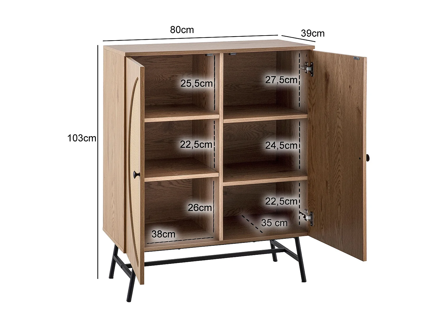 Buffet 80x103x39 cm Buffet Haut Décor Chêne avec Tissage