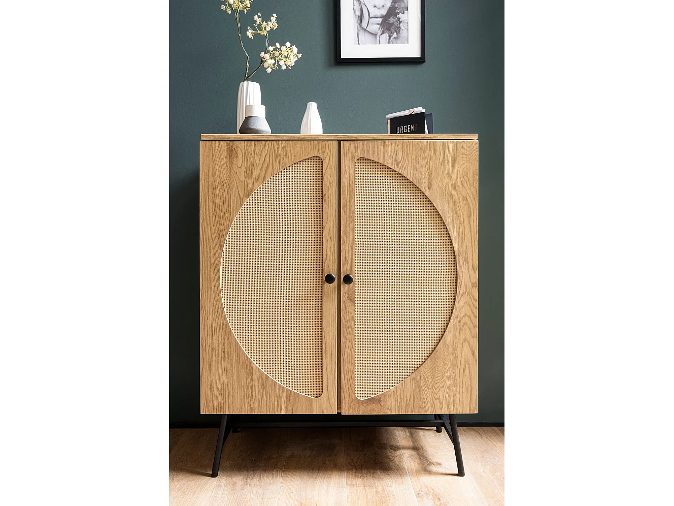 Buffet 80x103x39 cm Buffet Haut Décor Chêne avec Tissage