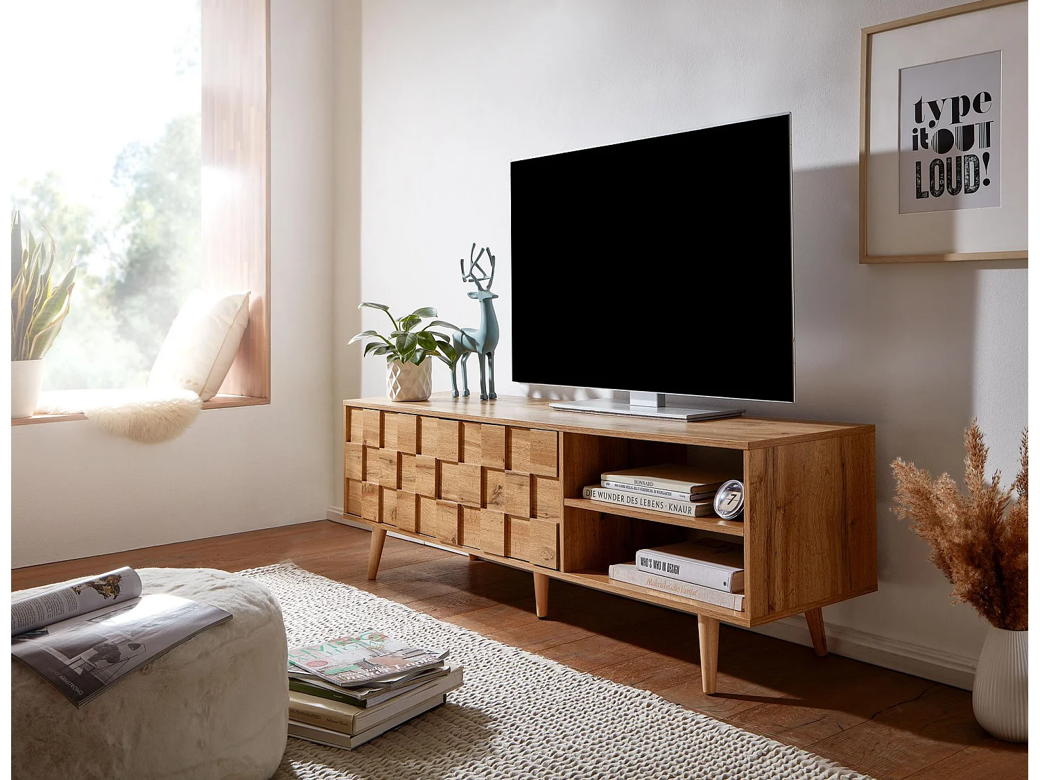 lowboard bois décor chêne 160x51x40 cm Meuble TV à deux