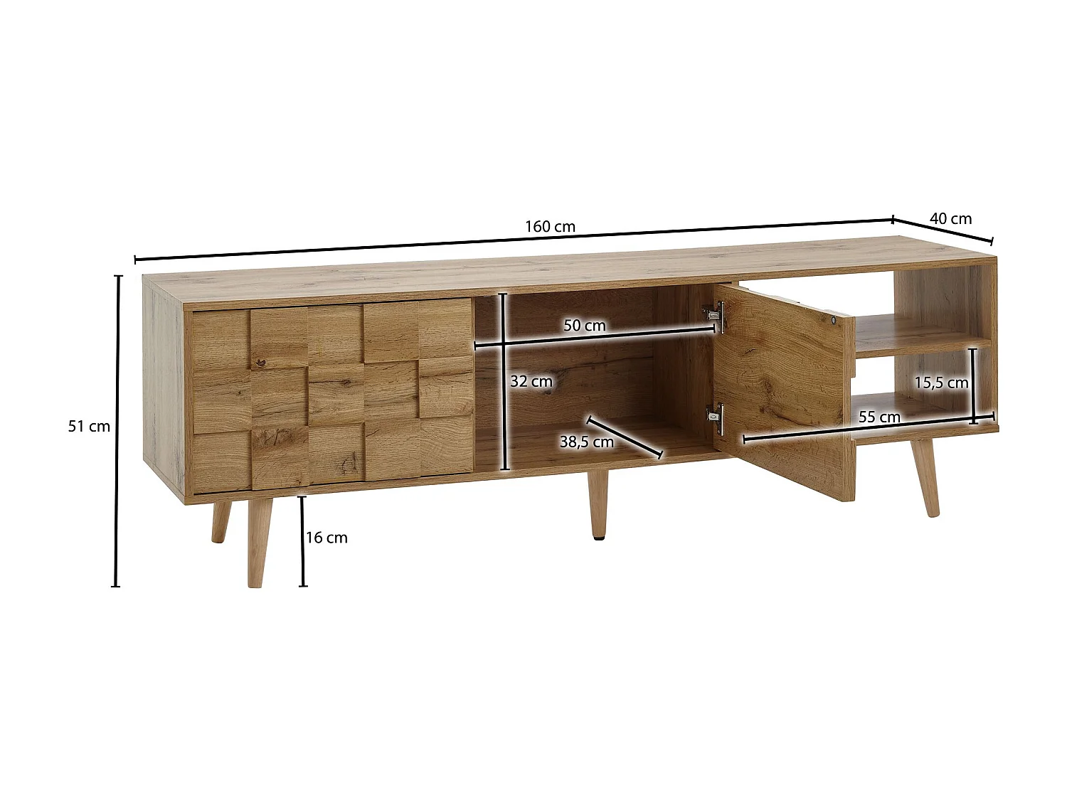 lowboard bois décor chêne 160x51x40 cm Meuble TV à deux