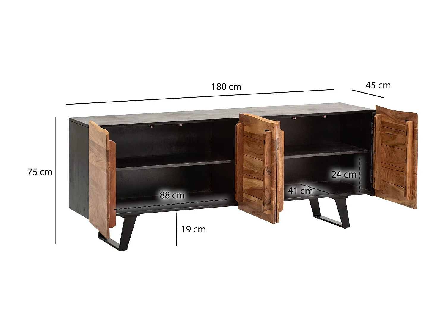 Buffet en Bois Massif d'Acacia 180x75x45 cm Noir avec
