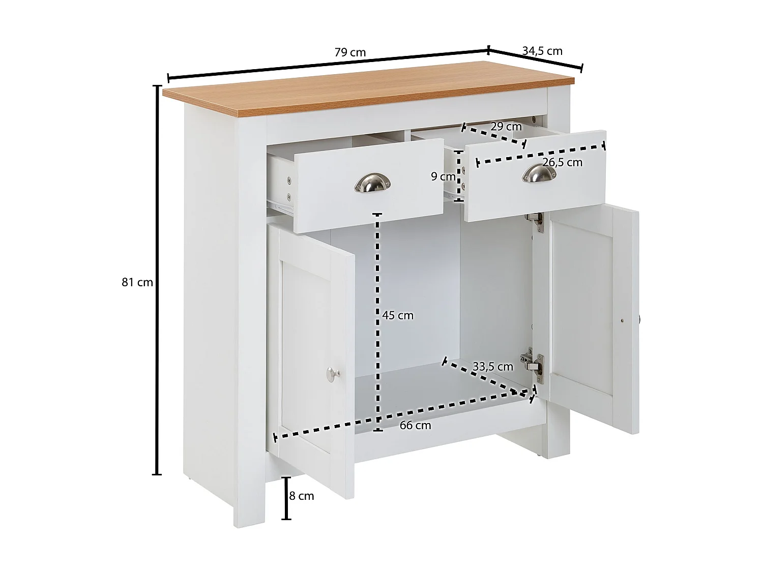 credenza con 2 cassetti 79x81x34,5 cm cassettiera bianco