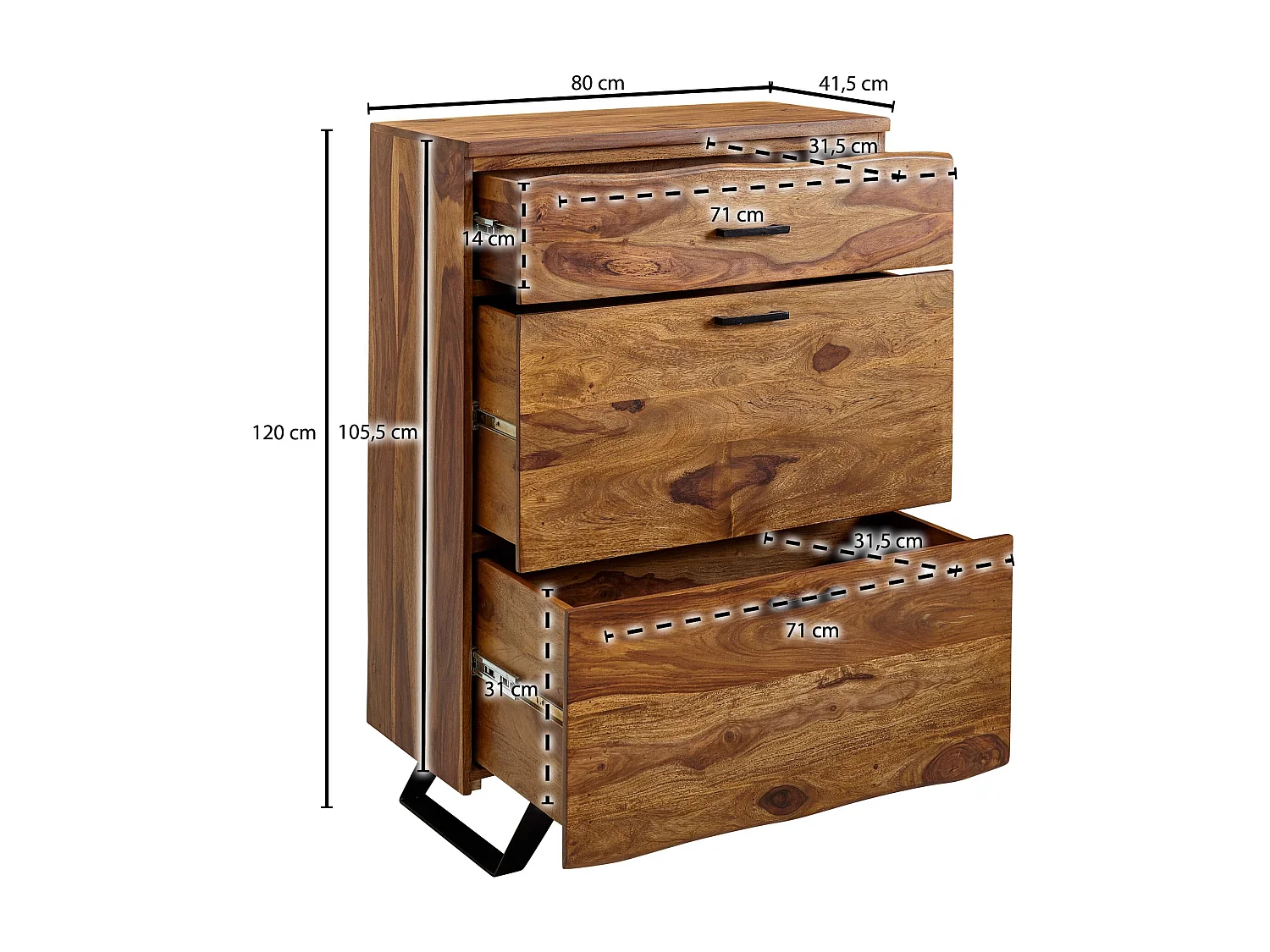 Commode 80x120x41,5 cm en Bois Massif de Sheesham Métal,