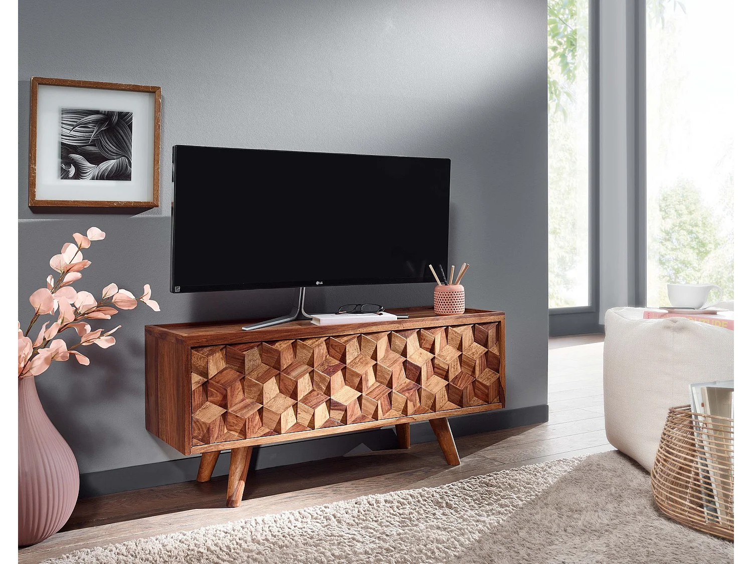 Meuble TV Sheesham Bois Massif 92x44x35 cm Lowboard TV
