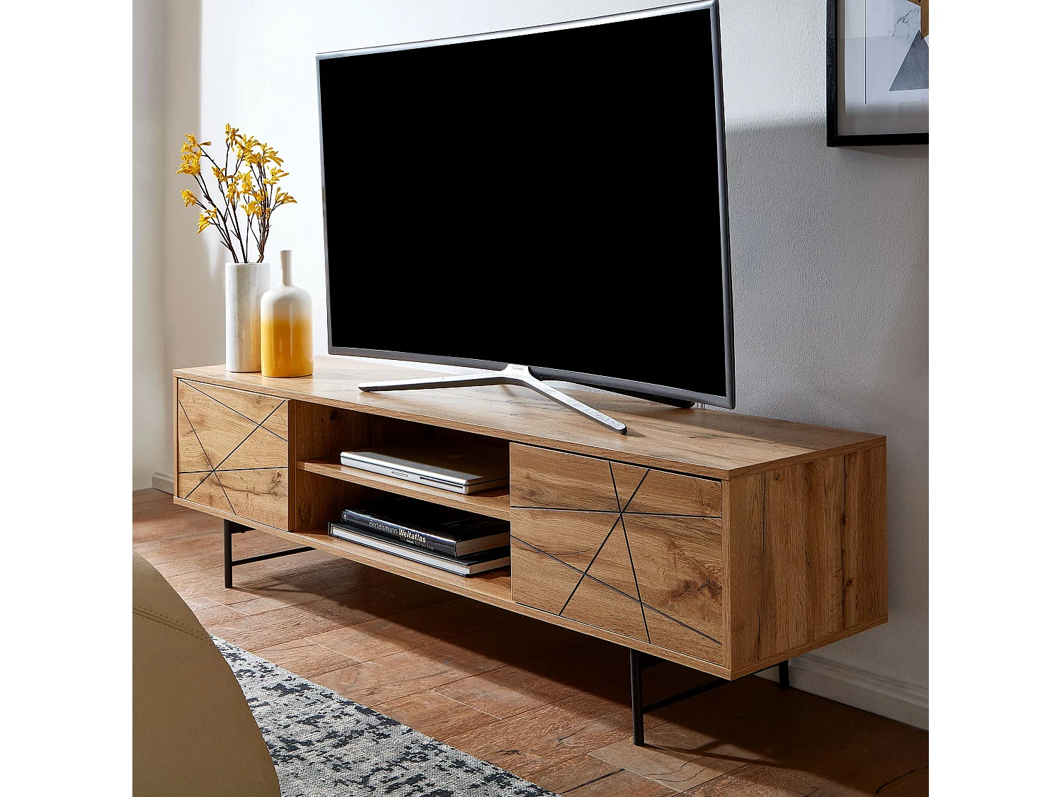 lowboard bois décor chêne 160x45x40 cm Meuble TV à deux