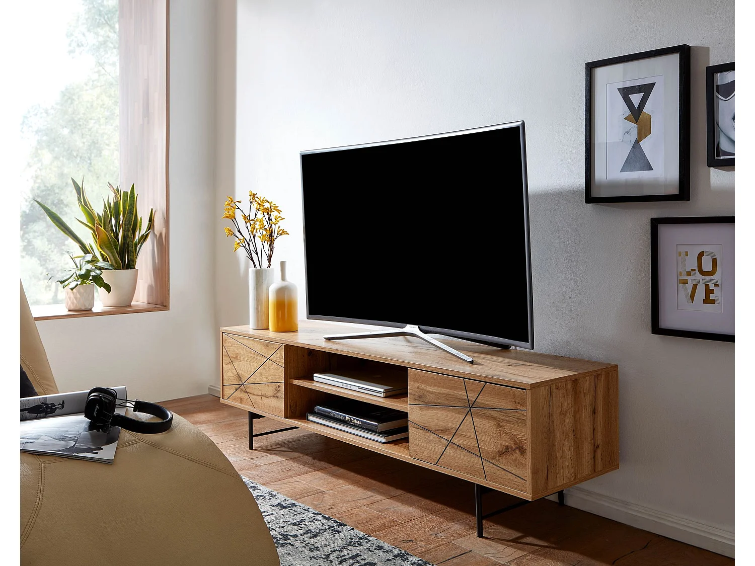 lowboard bois décor chêne 160x45x40 cm Meuble TV à deux