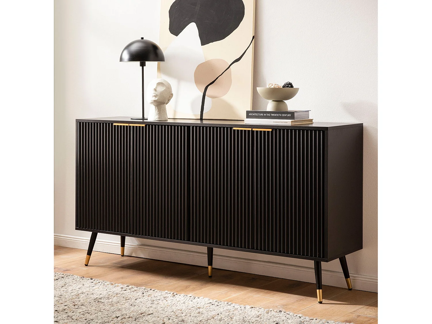 Buffet 150x81x39 cm Buffet Noir avec Décor en Chêne,