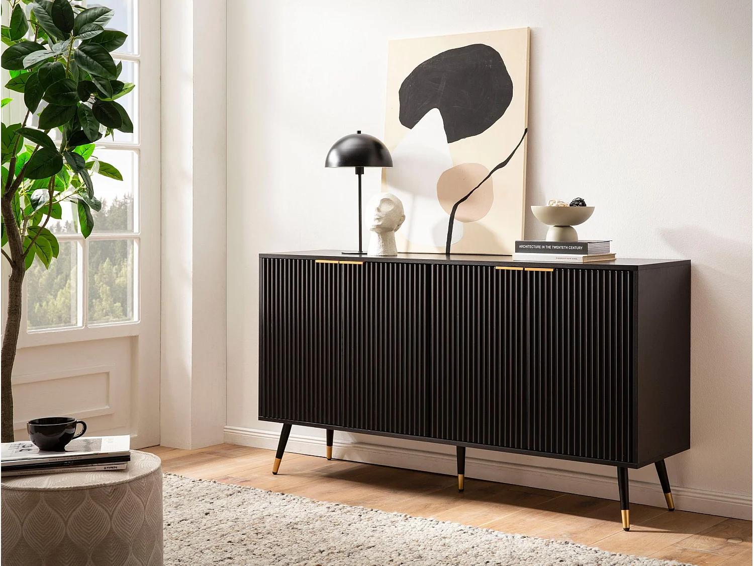 Buffet 150x81x39 cm Buffet Noir avec Décor en Chêne,