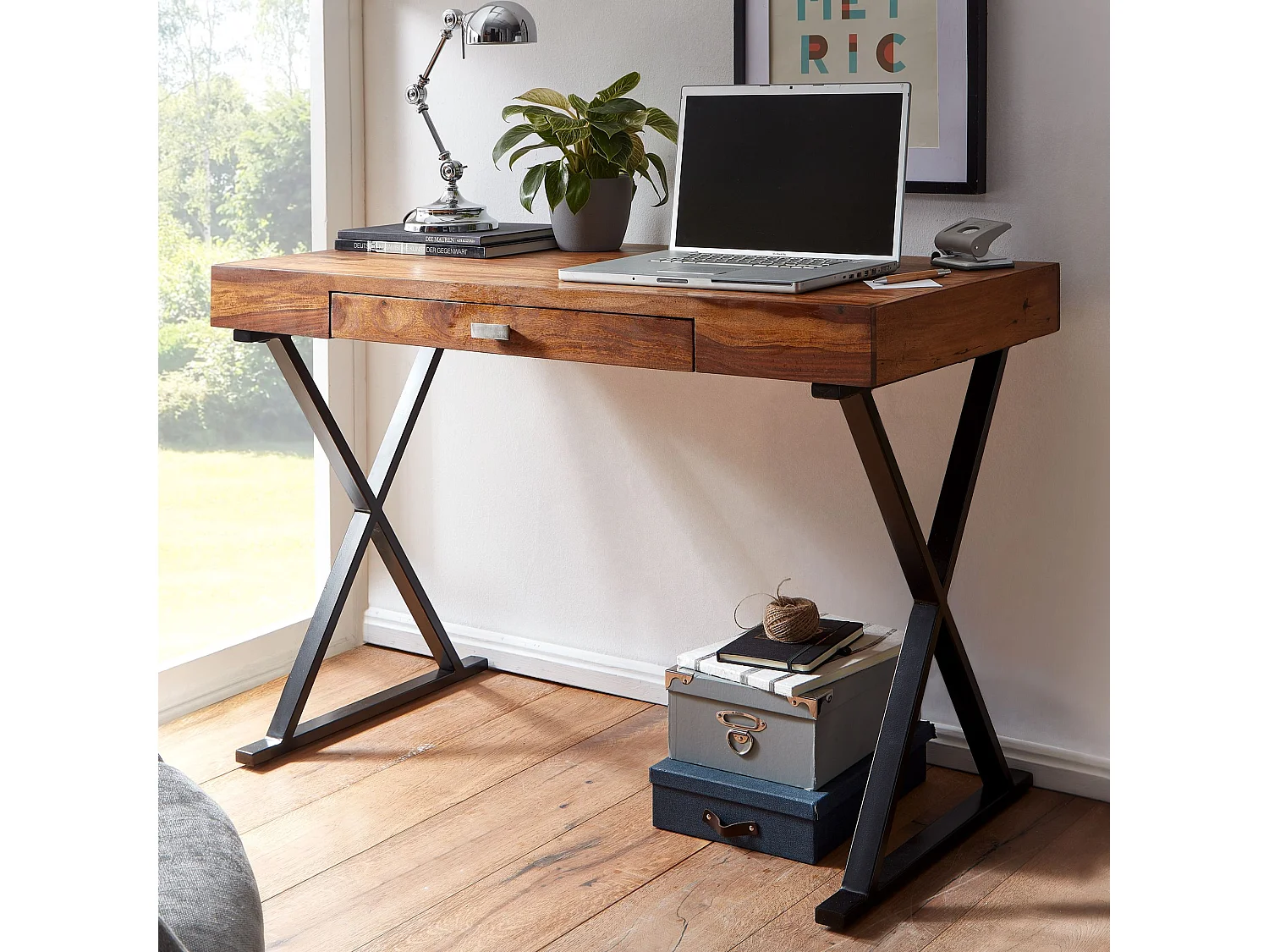bureau 120x55x78 cm bois de sesham massif / métal noir |