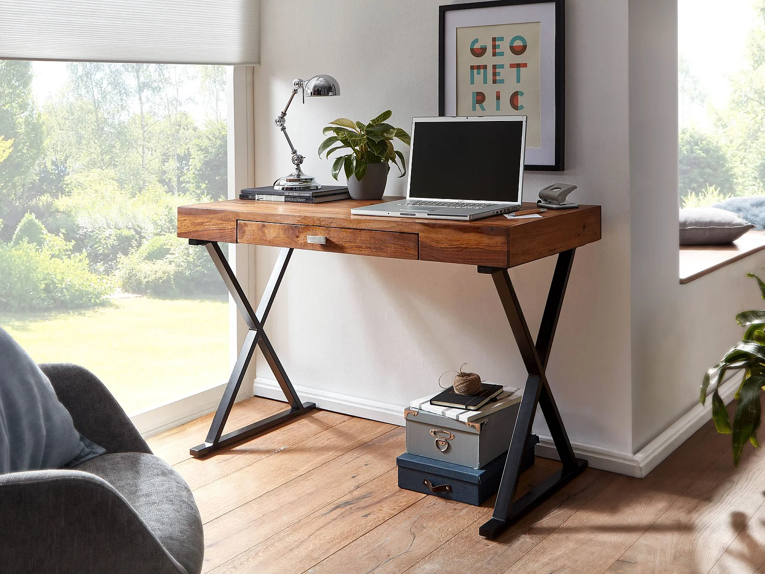 bureau 120x55x78 cm bois de sesham massif / métal noir |