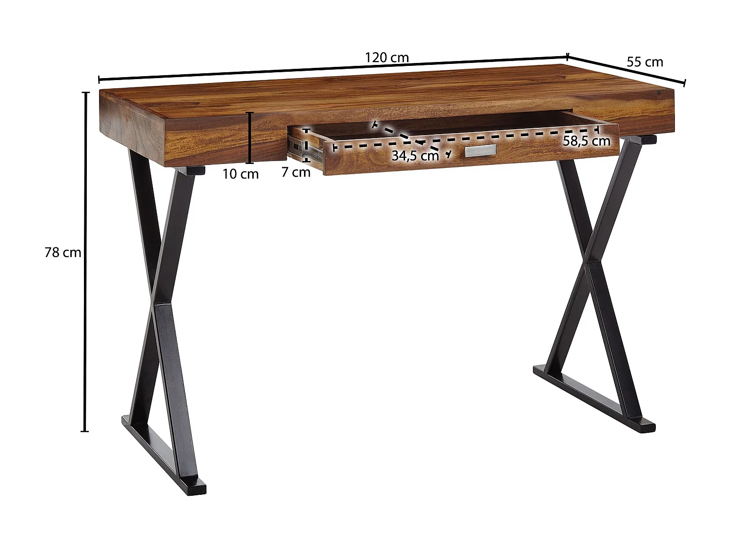 bureau 120x55x78 cm bois de sesham massif / métal noir |