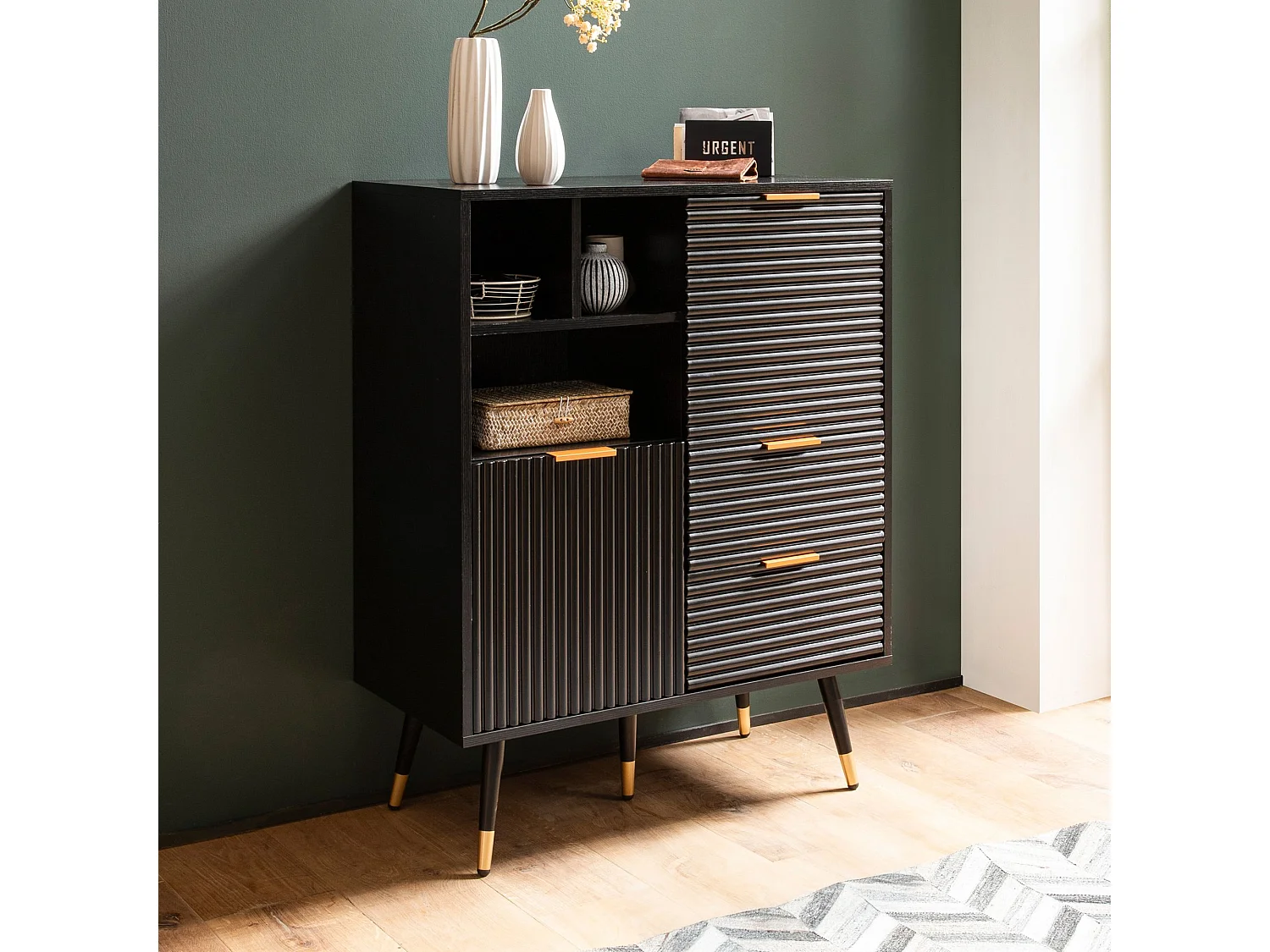 Buffet  77x97x40 cm buffet noir avec décor chêne,