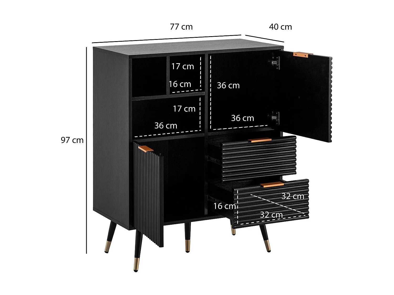 Buffet  77x97x40 cm buffet noir avec décor chêne,