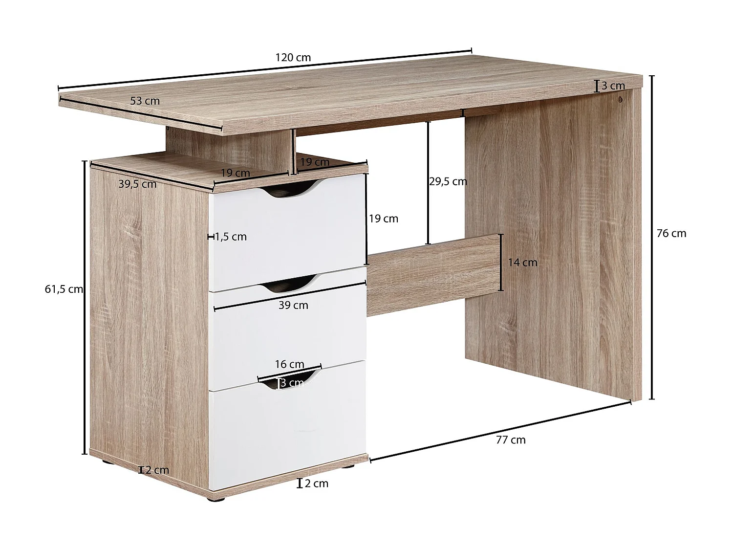 bureau MASSA 120 x 76 x 53 cm avec 3 tiroirs en blanc