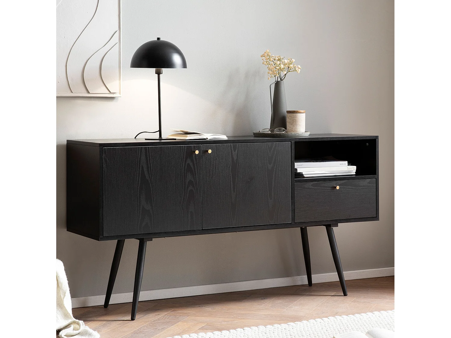 buffet 140x75x40 cm commode noir avec décor chêne