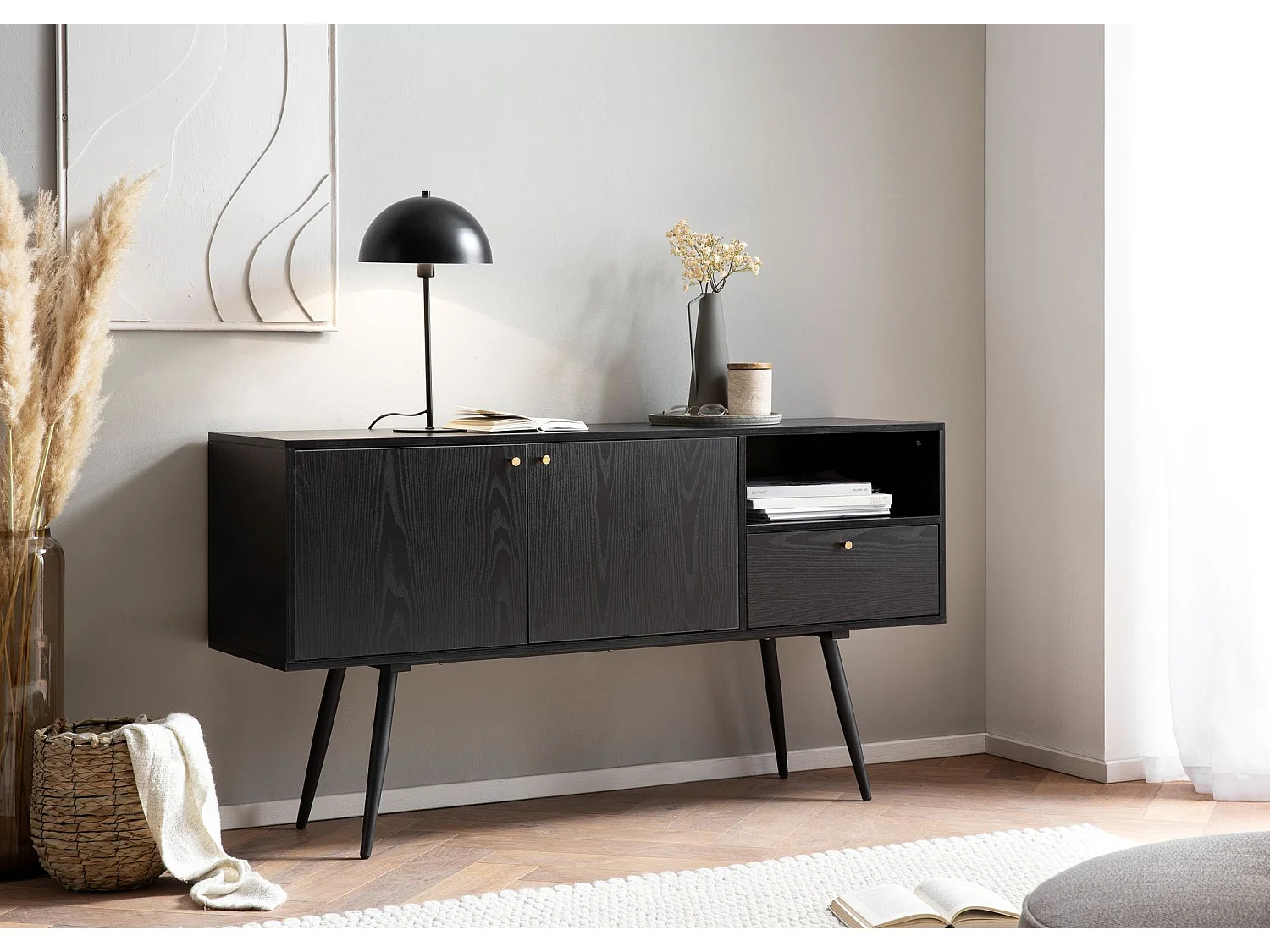 buffet 140x75x40 cm commode noir avec décor chêne